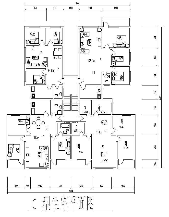 88种带电梯，多户，高层住宅户型平面图（88张）-C型住宅平面图