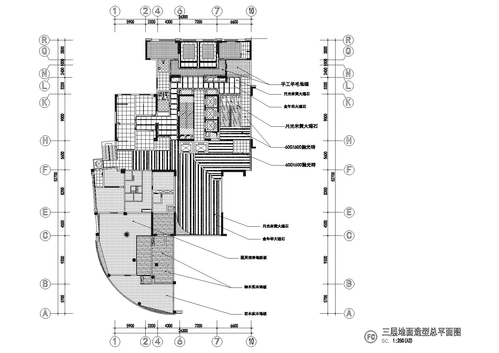 [江苏]锡安月子中心装饰CAD施工图+效果图-三层地面造型总平面图