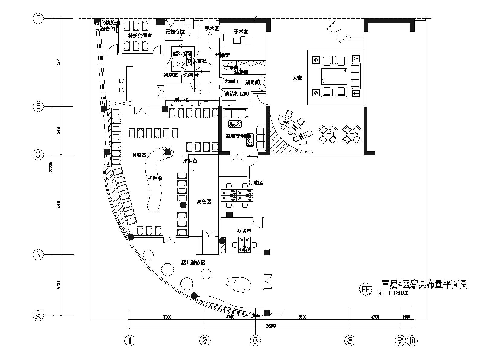 [江苏]锡安月子中心装饰CAD施工图+效果图-三层A区家具布置平面图