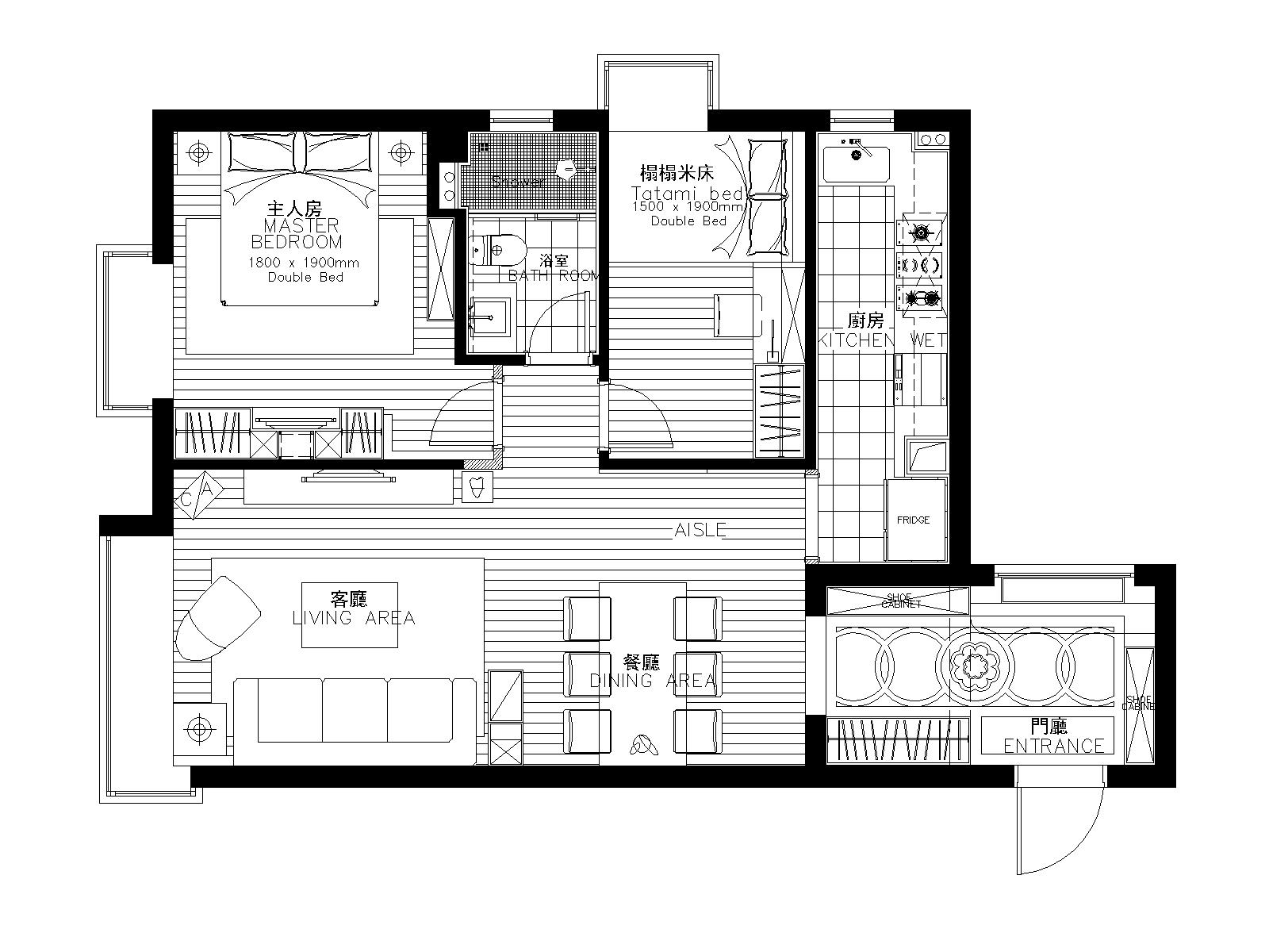 现代风格两居室小户型装修施工图+效果图