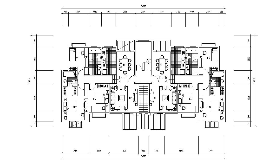 1梯2户洋房户型平面图设计-三层平面图