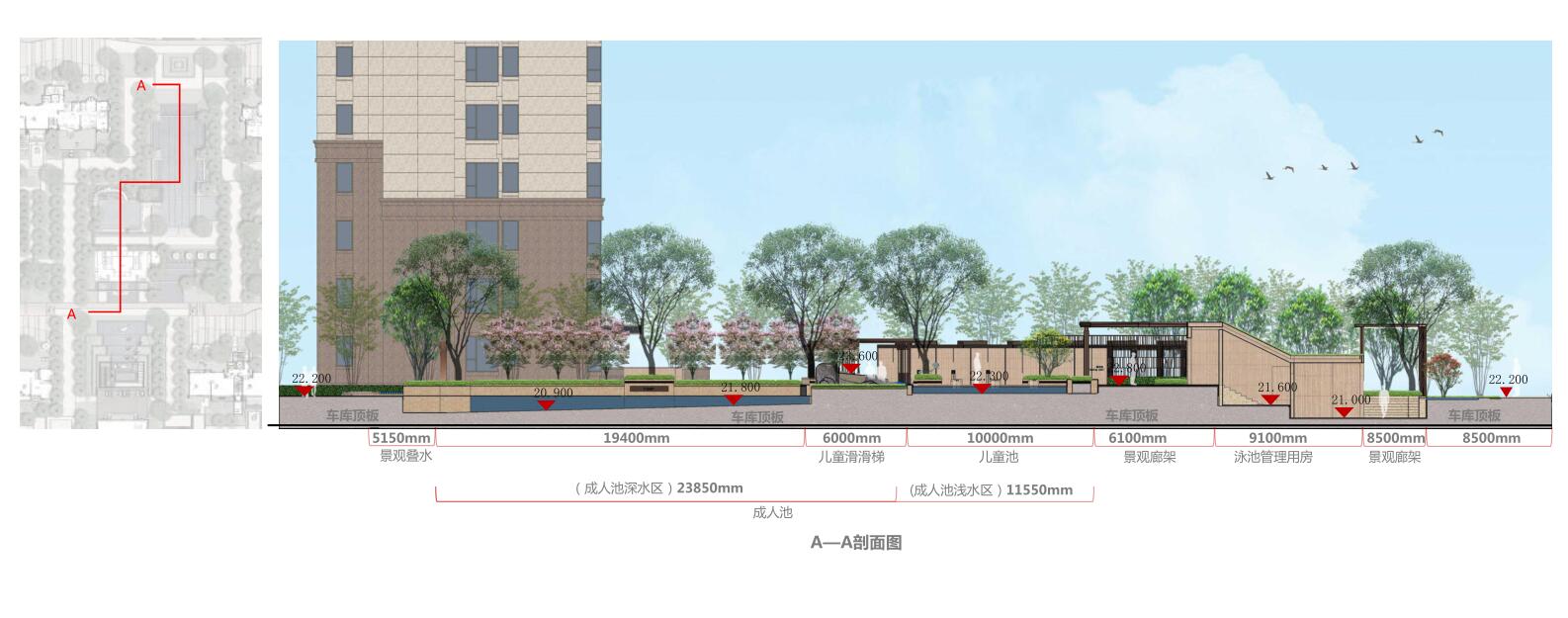 [江西]新中式住宅景观方案设计-布莱恩花园泳池剖面图