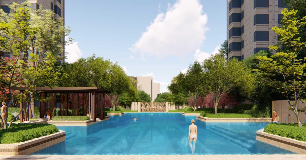 [江西]新中式住宅景观方案设计-布莱恩花园泳池区效果图一