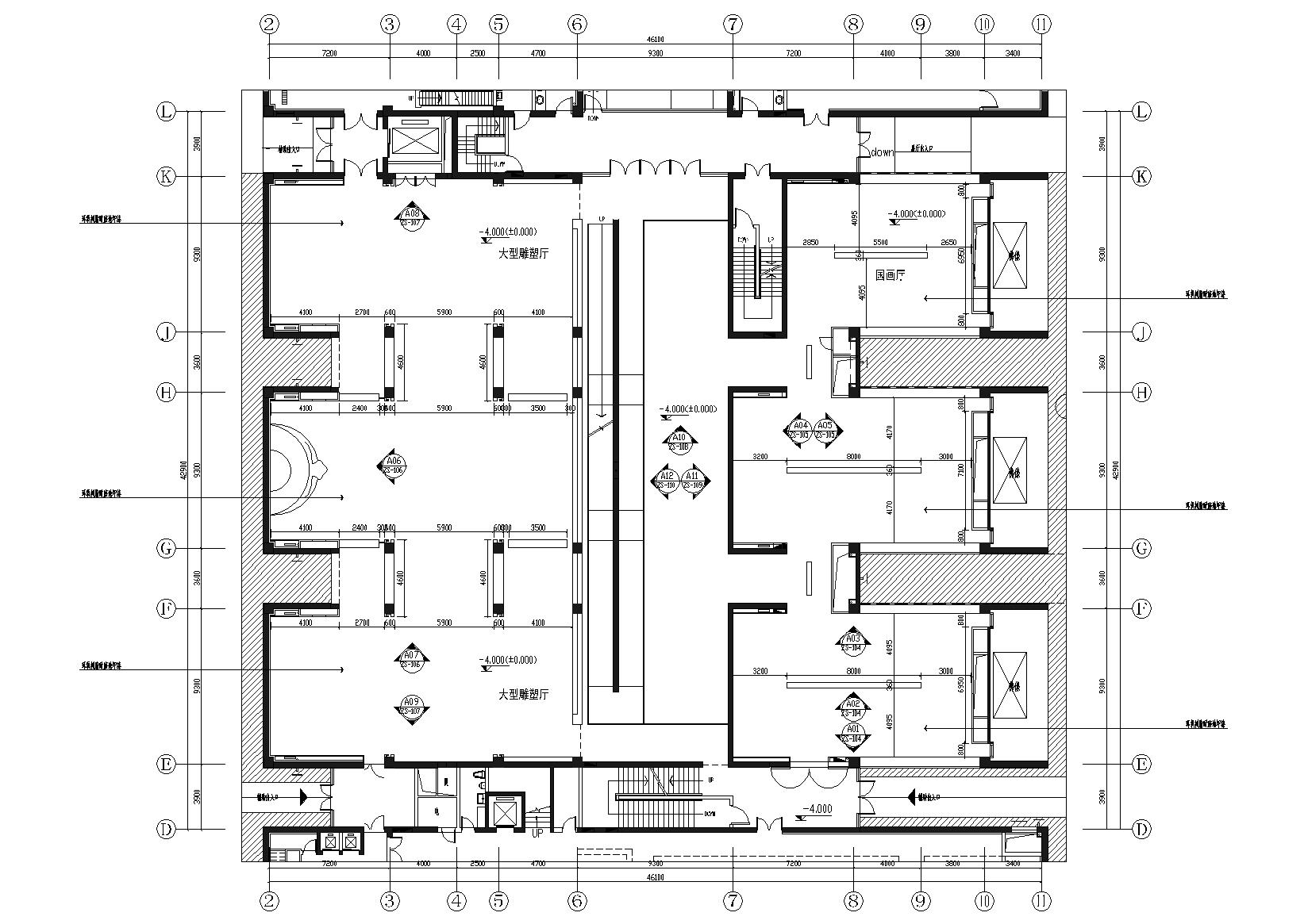 [北京]通州设计艺术馆室内装饰设计施工图--4.000标高层平面尺寸定位图、地面铺设材料图