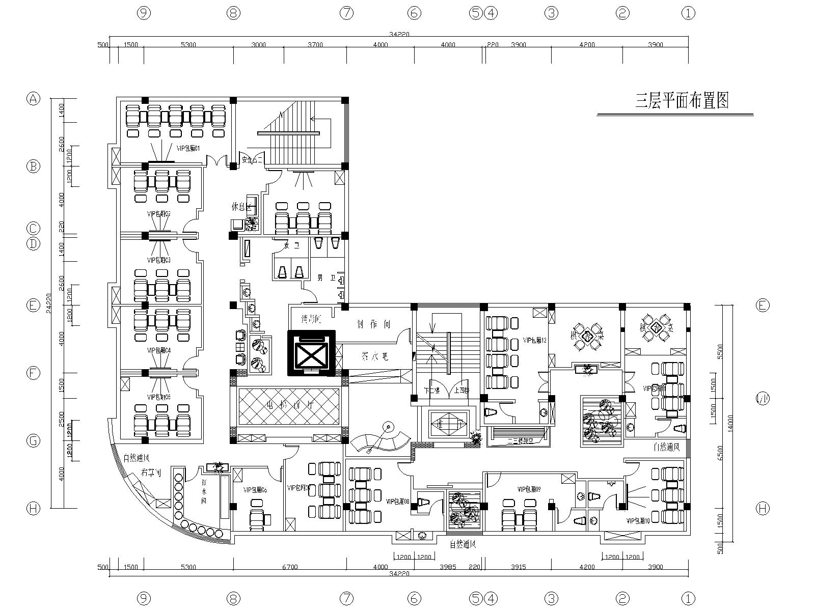 湛江足浴店设计施工图+效果图-03三层平面布置图