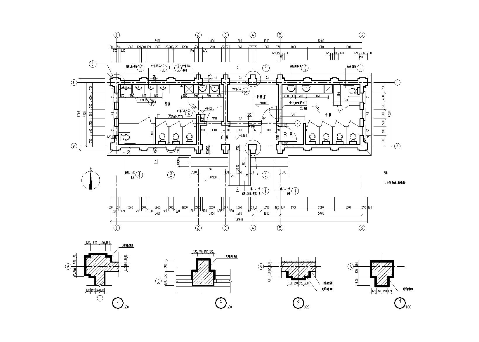 天都城公共厕所建筑施工图（CAD）-底层平面图