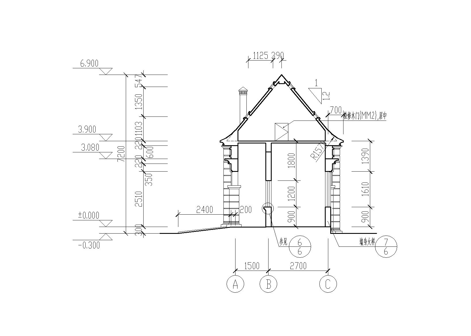 天都城公共厕所建筑施工图（CAD）-2-2剖面图