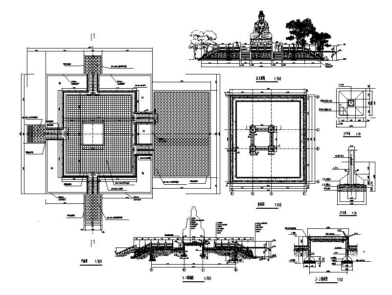 某市公墓设计方案平面图_陵园设计（CAD）-观音台平面、观音台立面、观音台剖面