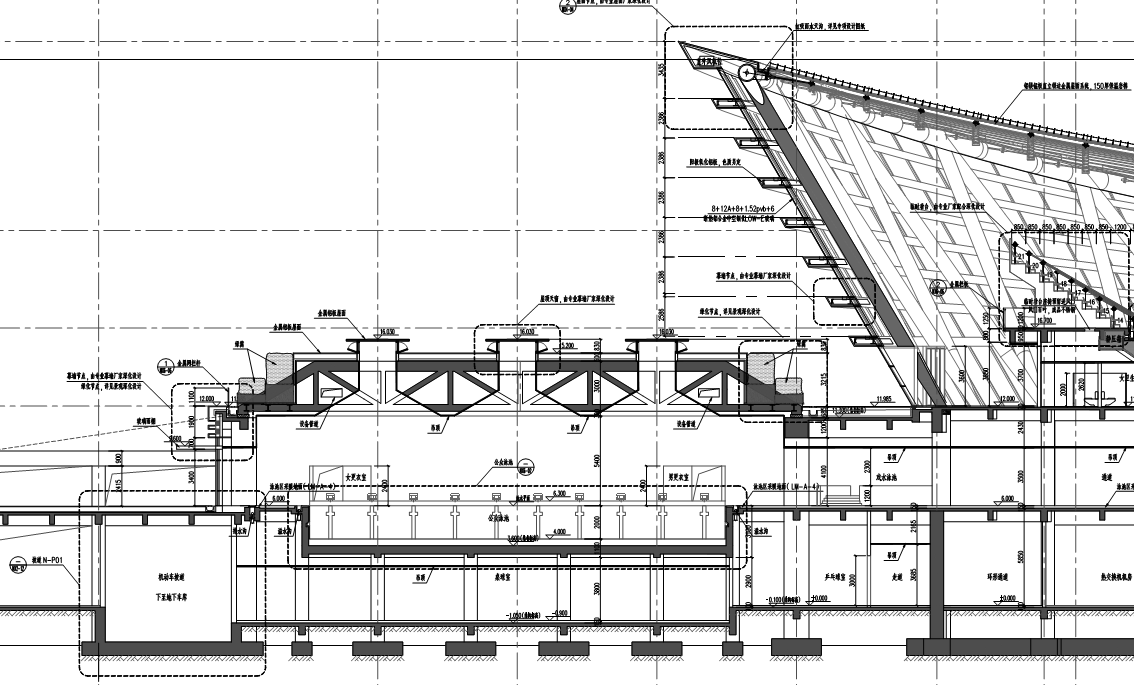 工业园区体育中心项目游泳馆钢结构施工方案-55训练馆屋面桁架布置剖面图