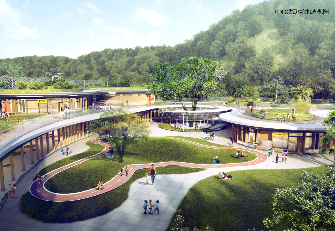 现代流线风格幼儿园建筑方案设计-中心场地透视图
