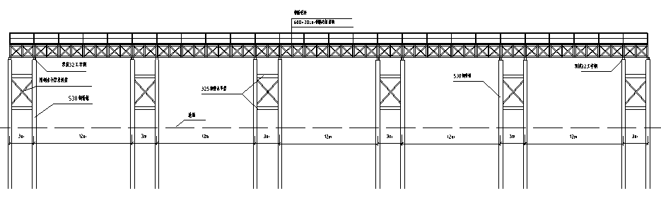 [福建]钢栈桥及平台安全专项施工方案-便桥深水区纵向布置平面图
