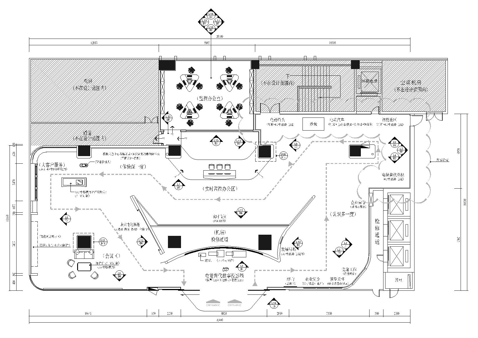[广州]供电局客服中心742㎡创意展厅施工图-平面布置，立面索引图