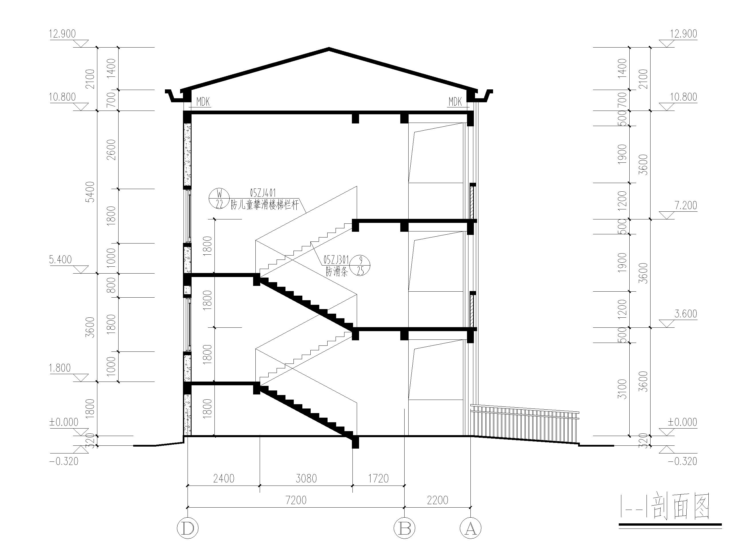 框架结构三层小学教学楼建筑施工图-1-1剖面图