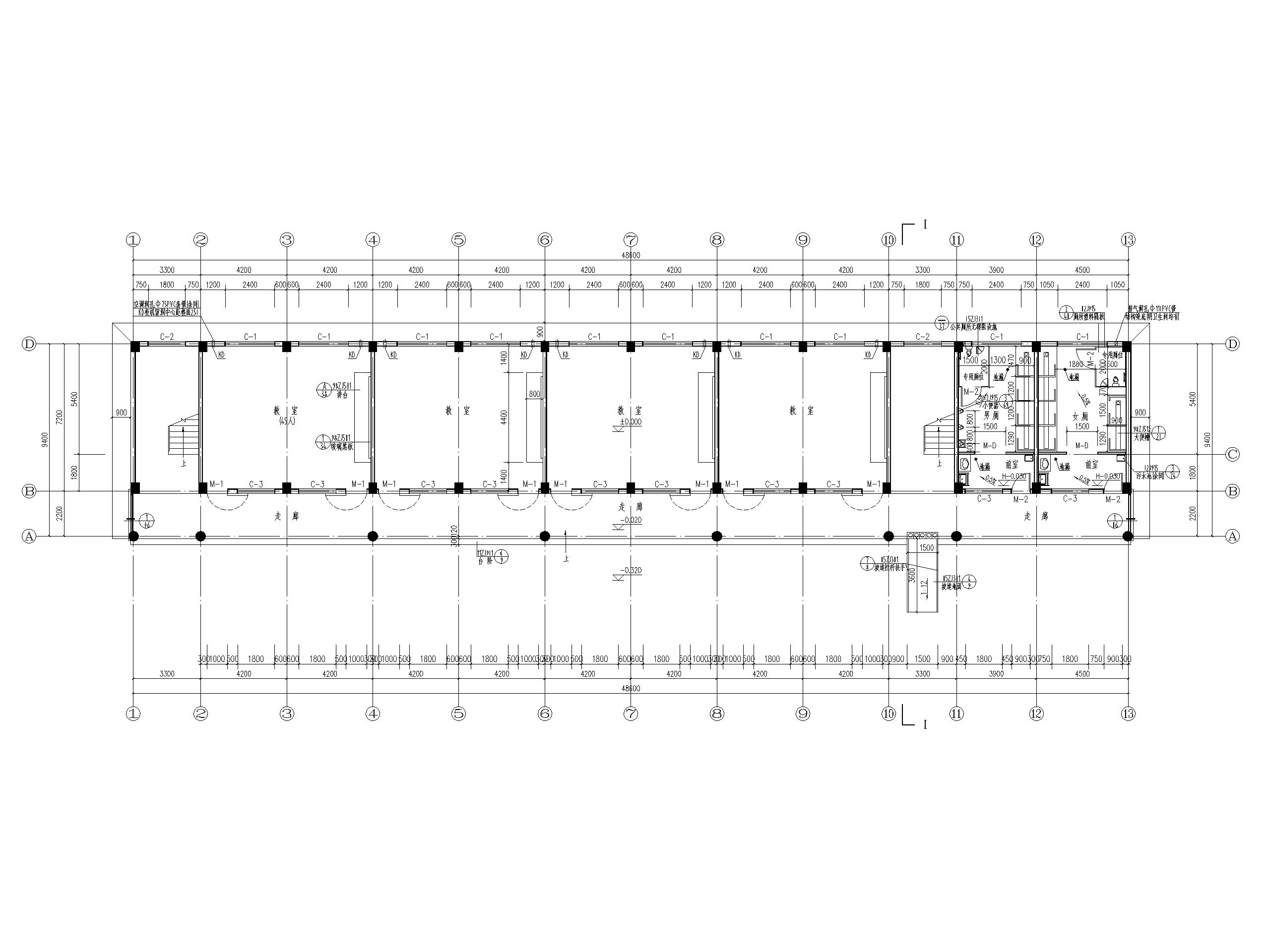 框架结构三层小学教学楼建筑施工图-一层平面图