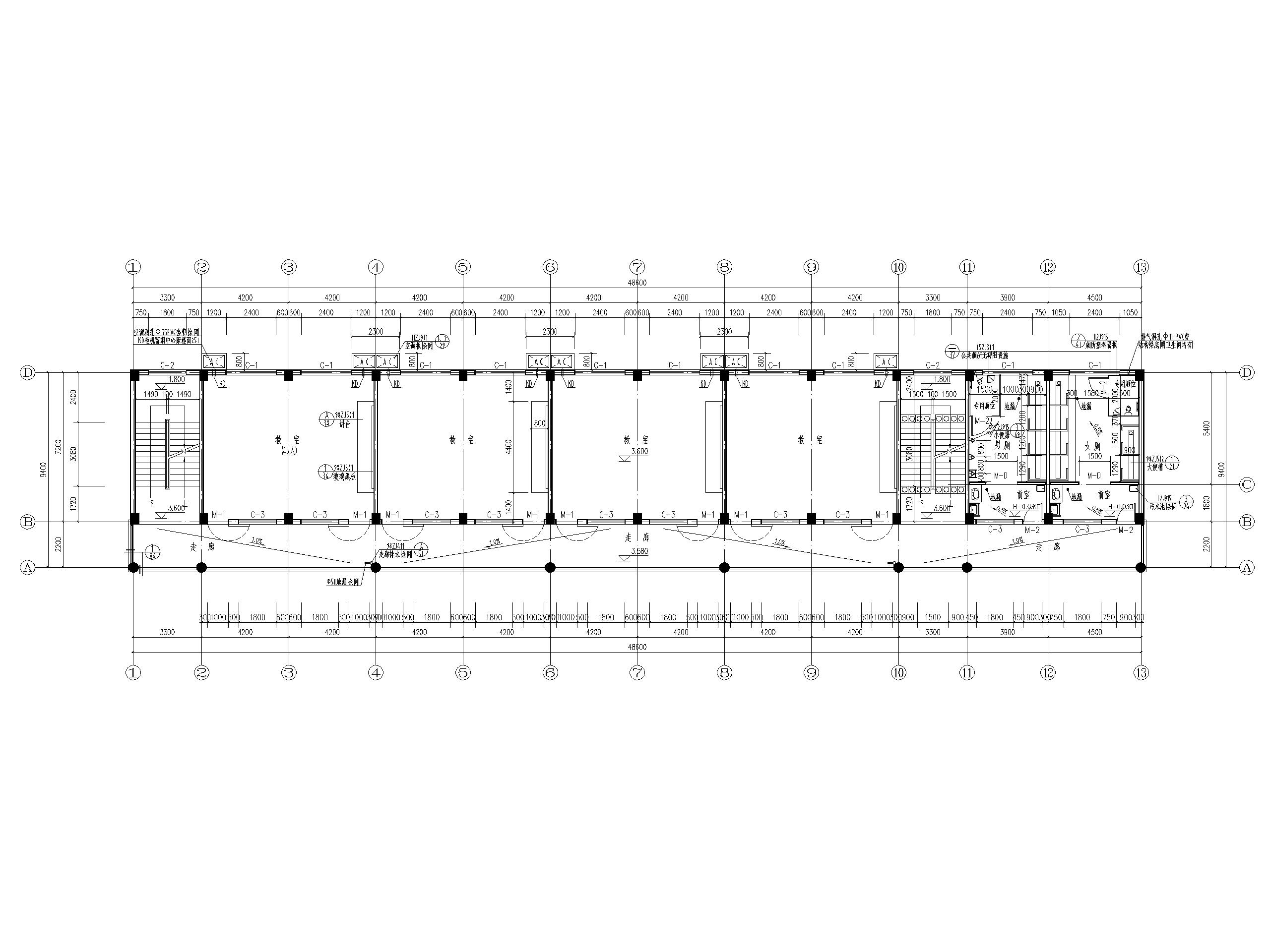 框架结构三层小学教学楼建筑施工图-二层平面图