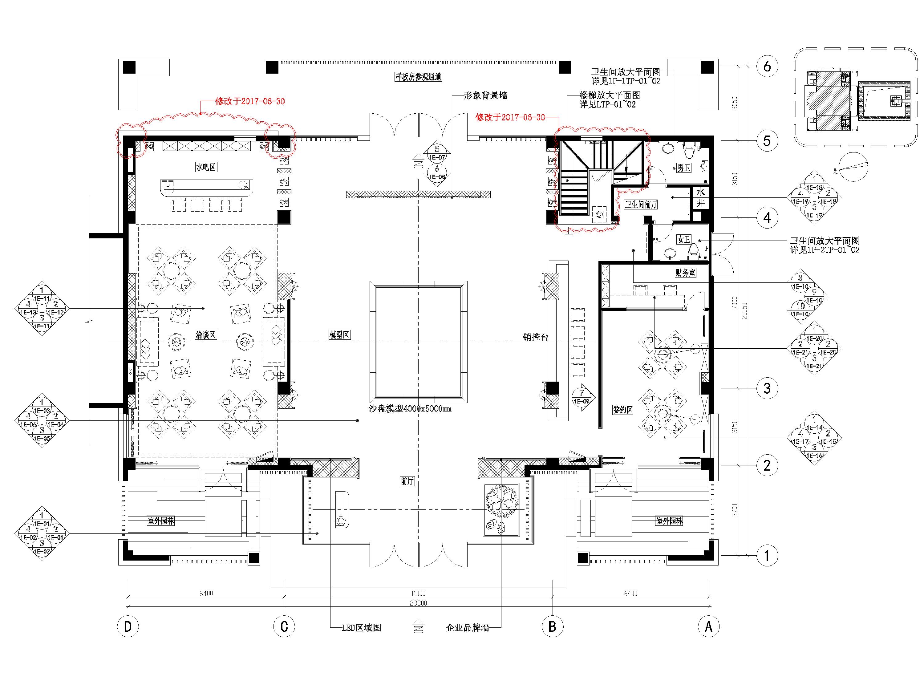 [江苏]​二层现代售楼部室内装修设计施工图-一层平面布置及立面索引图