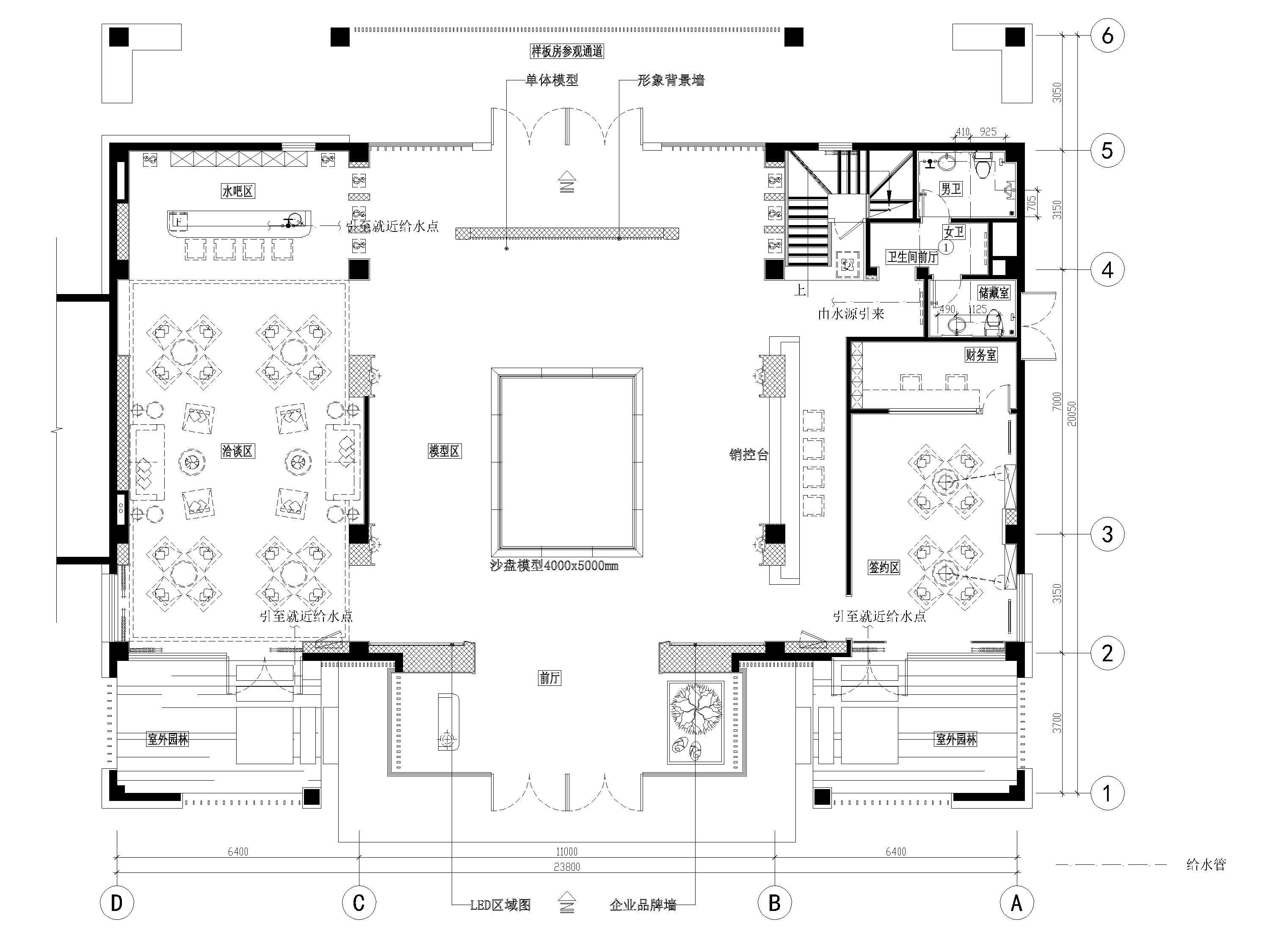 [江苏]​二层现代售楼部室内装修设计施工图-一层给水平面图