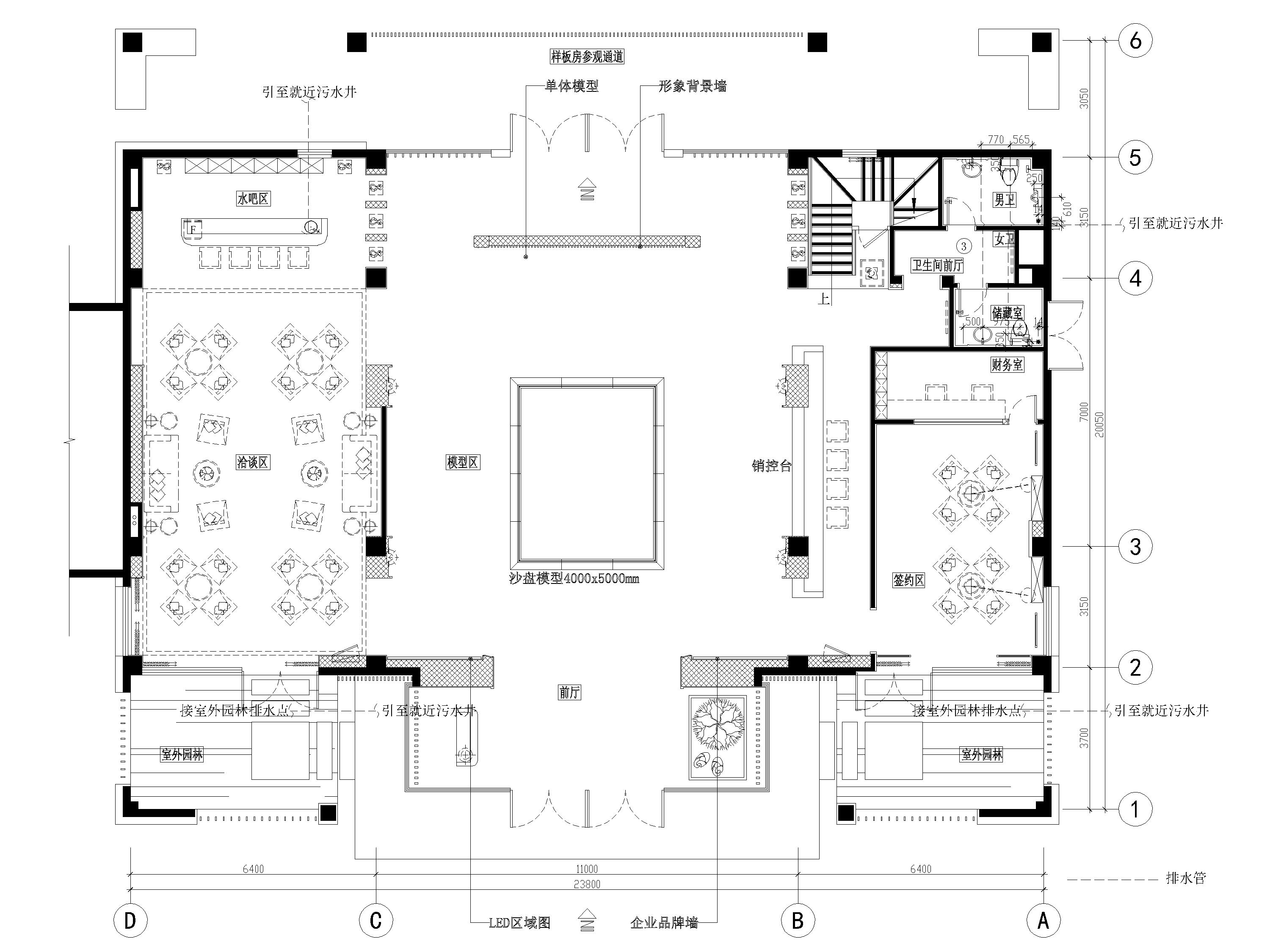 [江苏]​二层现代售楼部室内装修设计施工图-一层排水平面图