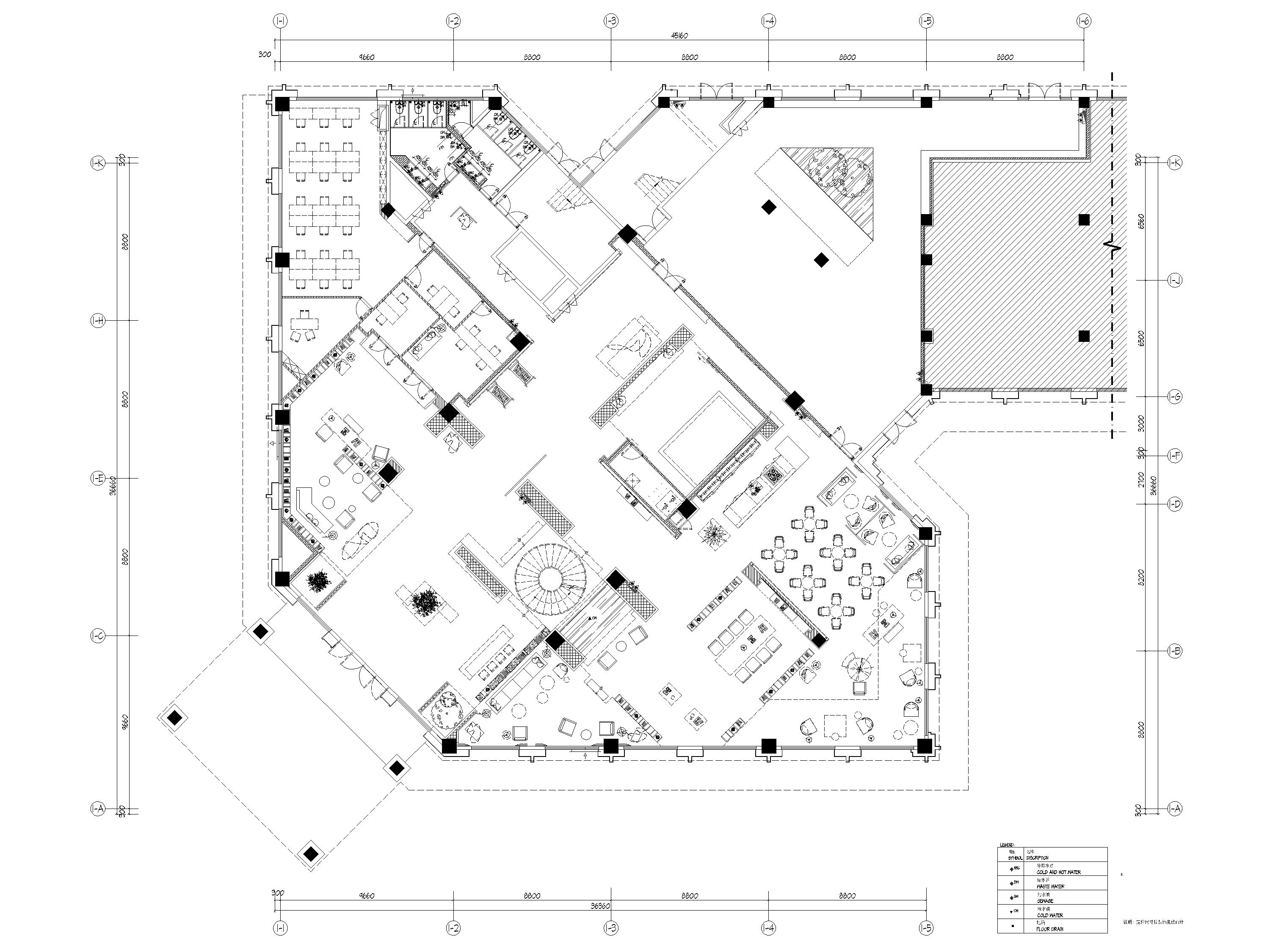​[西安]现代售楼处装修设计施工图+效果图-沣东售楼处一层给排水布置图