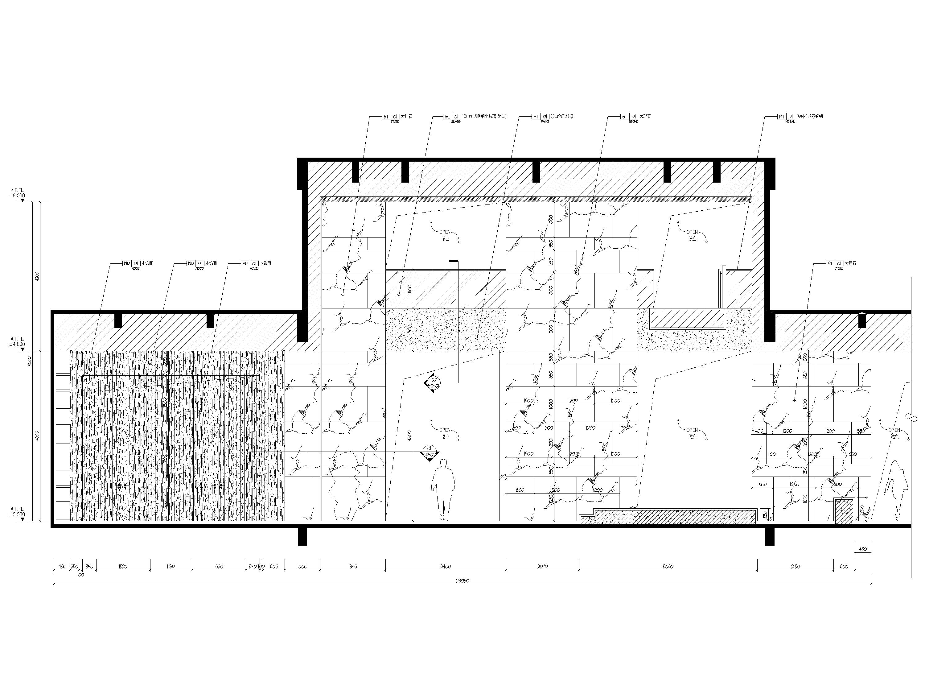​[西安]现代售楼处装修设计施工图+效果图-一层书吧与楼梯立面图
