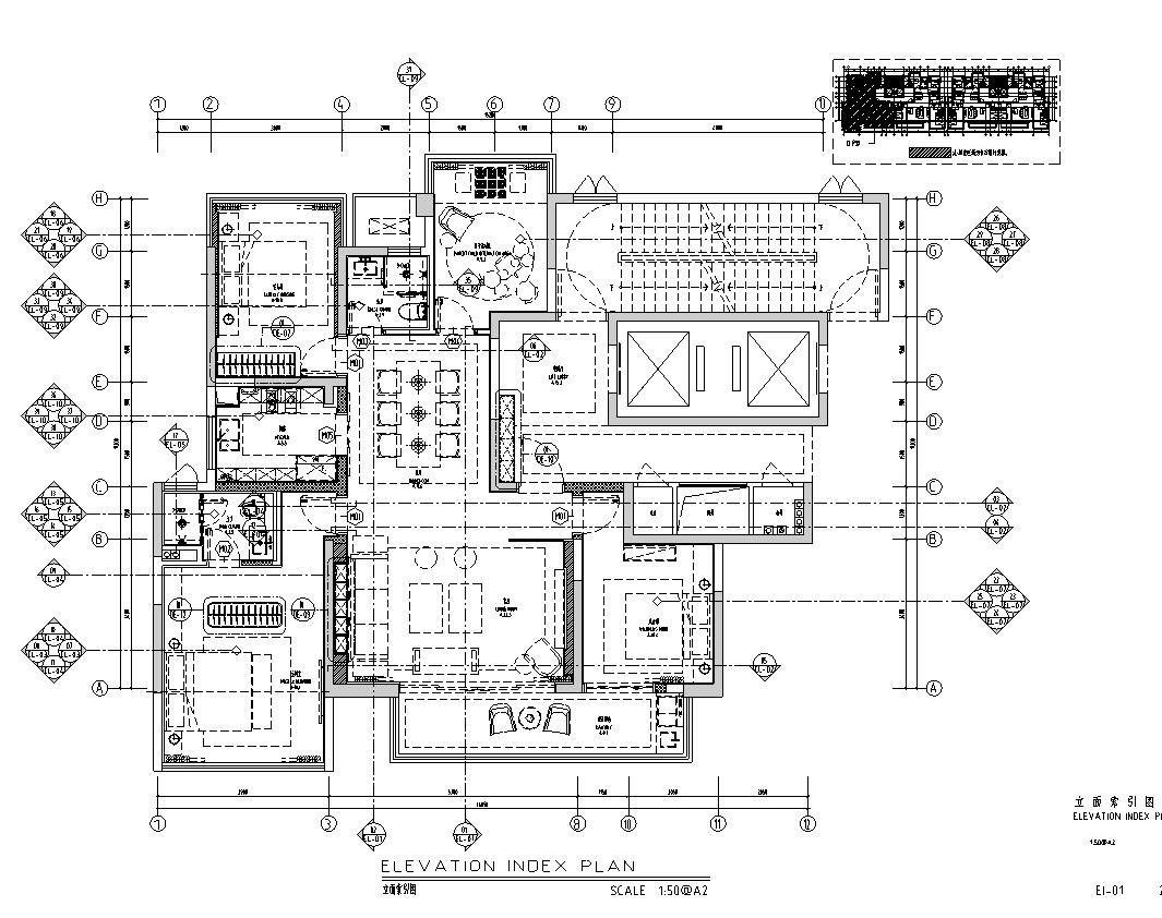 南宁新中式三居室家装样板间施工图+效果图-立面索引图