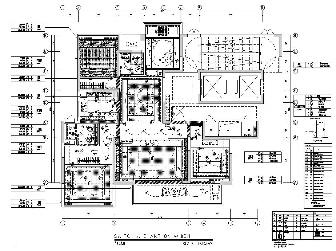南宁新中式三居室家装样板间施工图+效果图-开关连接图