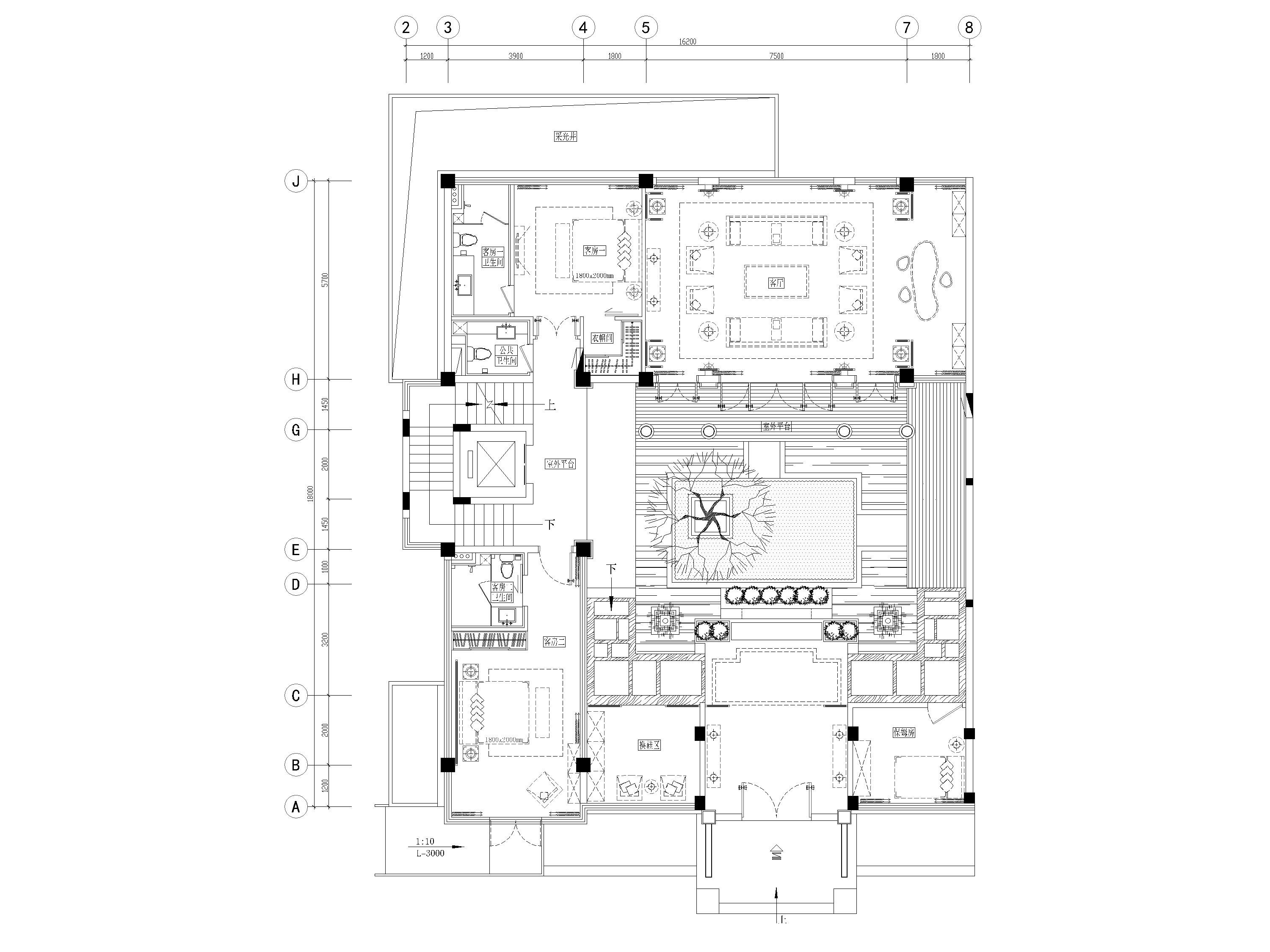 [成都]中德麓府别墅四合院CAD平面图+3D模型-合院C户型一层平面布置图