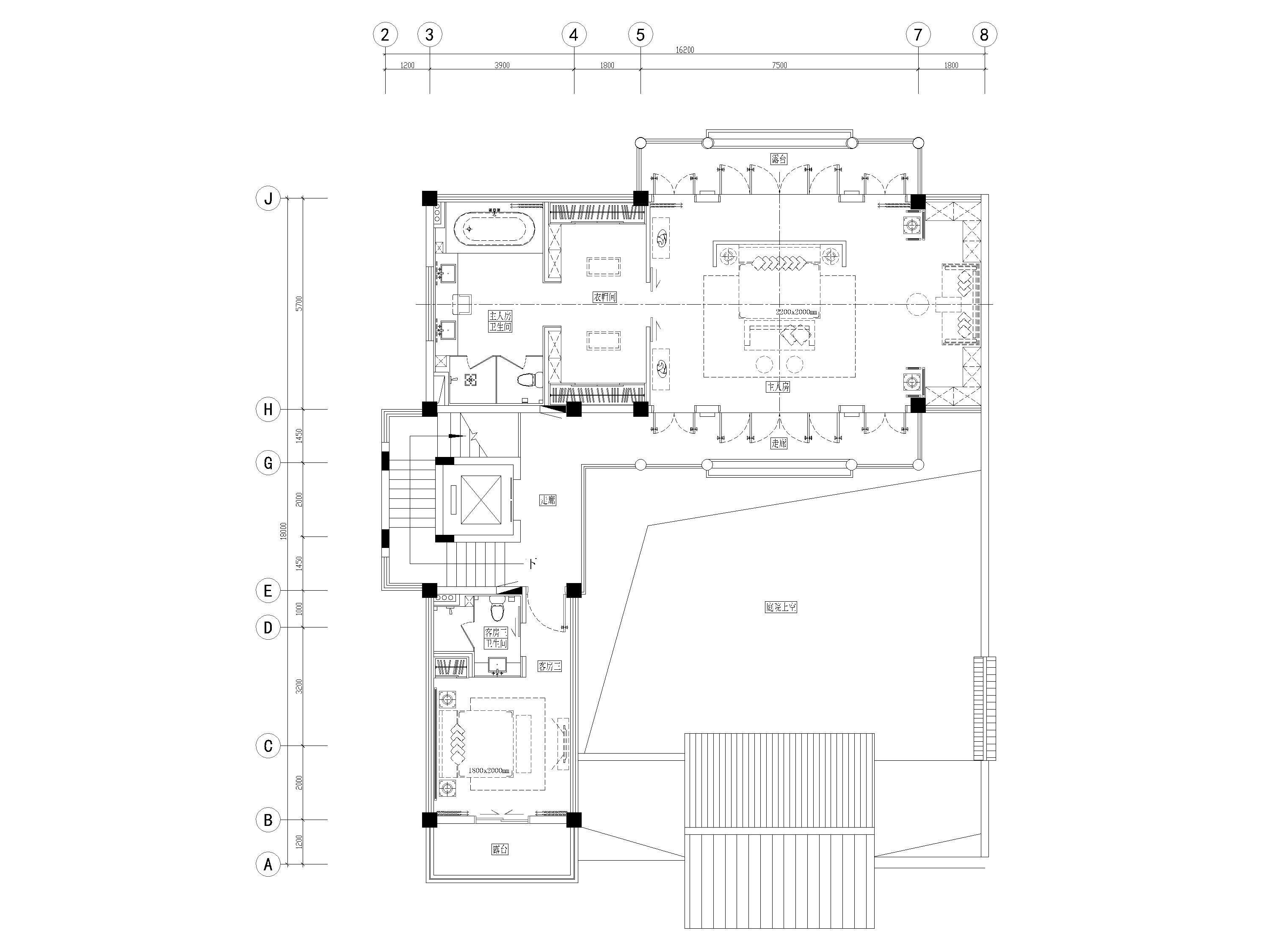 [成都]中德麓府别墅四合院CAD平面图+3D模型-合院C户型二层平面布置图
