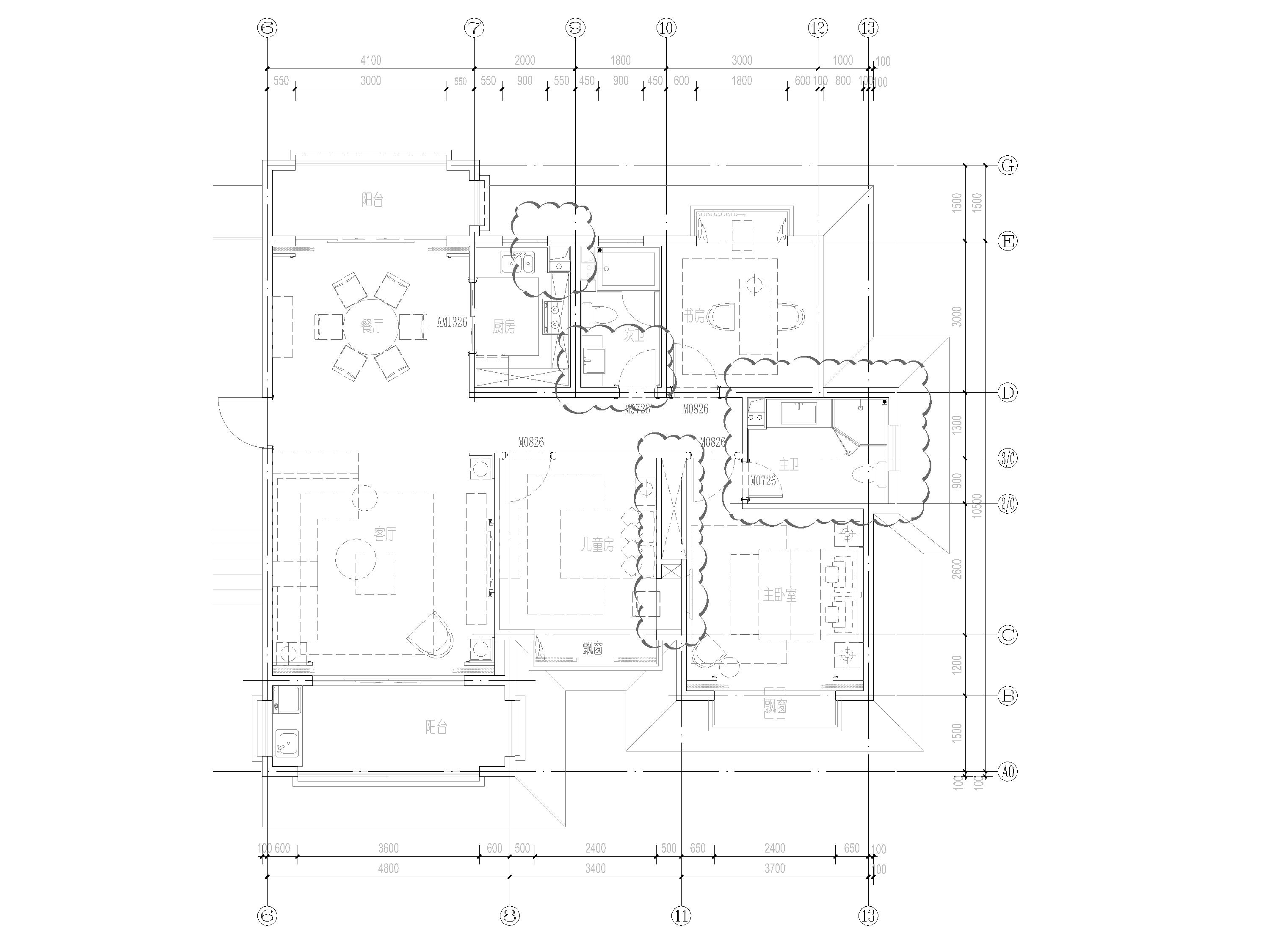 [三亚]110㎡现代二居室联排别墅装修施工图-平面布置图