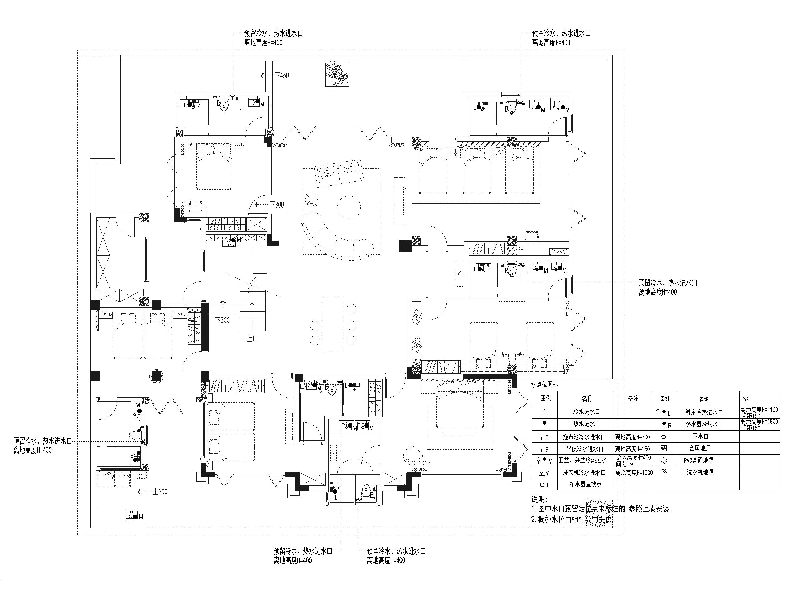 [海南]900m²六居别墅装修设计施工图+3D模型-负一层给排水布置图