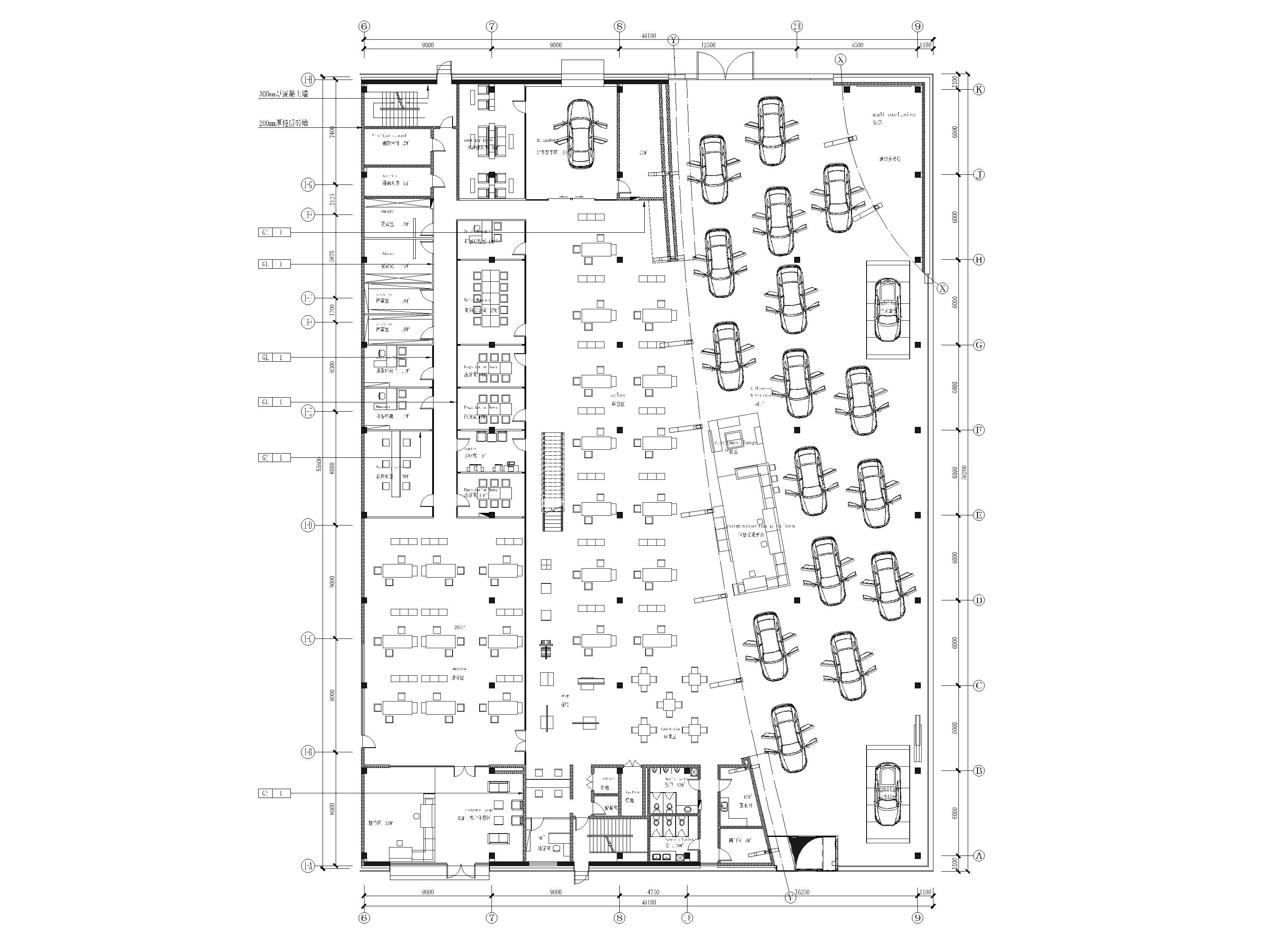 4000㎡奥迪汽车展厅4S店室内装修设计施工图-一层平面布置图