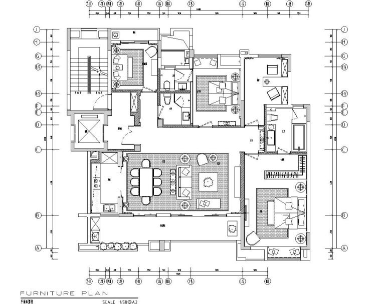 悦湾住宅中式风格三居室户型施工图设计
