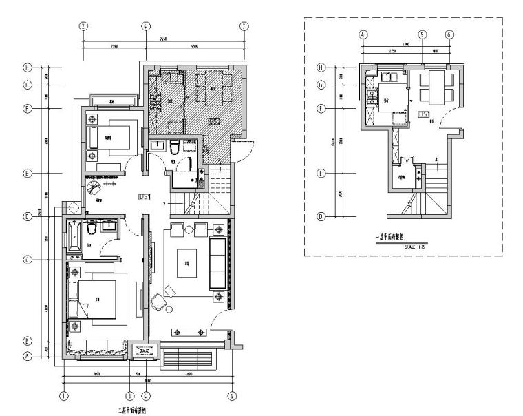美式风格-三居室样板间住宅装修施工图+效果